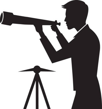 Teleskopla gözlem yapan bir adamın siyah beyaz vektör silueti keşif ve astronomi tasarımları için uygun.