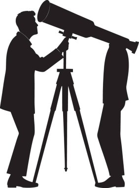 Siyah siluet bir kişinin teleskopla gökbilim ve keşif temalı tasarımlar için mükemmel bir teleskopla bakması.
