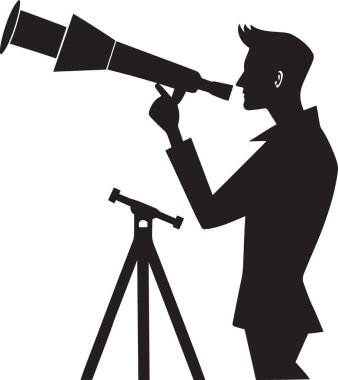 Teleskopla teleskoptan bakan bir kadının siyah siluet vektörü görüş keşfi ve keşfi temsil ediyor, bilim ve ilham verici temalar için ideal.