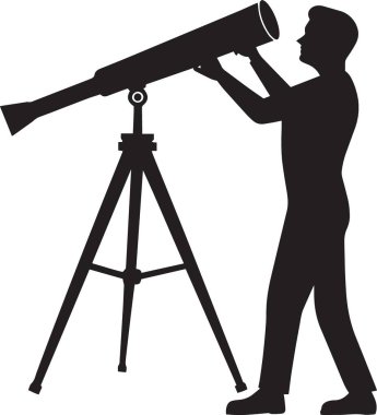 Teleskop kullanan bir adamın siyah siluet vektörü yukarı bakan bir tripoda monte edilmiş. Astronomi gözlemi ve bilim temalı tasarımlar için mükemmel.