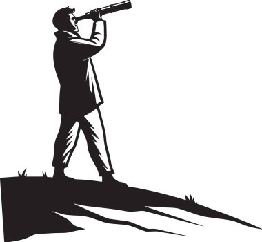 Dağın yamacında duran bir kadının siyah vektör silueti tripodun üzerindeki büyük bir teleskopla kadın tüccar görüşünü ve pazar öngörüsünü temsil ediyor.