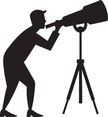 Siyah vektör silueti, pazar gözlemi, araştırma ve uzun vadeli finansal vizyonu temsil eden, tripoda monte edilmiş büyük bir teleskoptan bakan bir kişinin silüeti.