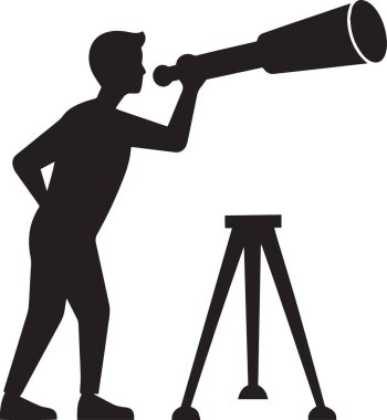 Tripod standındaki büyük bir teleskoptan bakan bir adamın siyah vektör silueti piyasa vizyonunu, finansal öngörüyü ve stratejik yatırım gözlemini temsil ediyor.