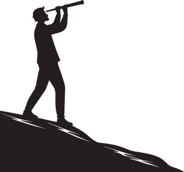 Siyah ve beyaz bir adam silueti. Yürürken borazan üfleyen, duyuru, pazarlama, promosyon ve halk iletişimini temsil eden bir adam.