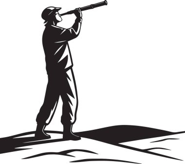 Yüksekte duran bir adamın siyah ve beyaz vektör silueti teleskoptan bakarak keşif, vizyon, piyasa gözlemi ve stratejik öngörüyü temsil ediyor.