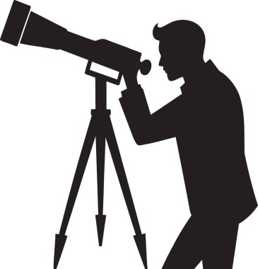 Astronomik gözlem, piyasa görüşü ve araştırmayı temsil eden, tripodun üzerinde duran ve büyük bir teleskoptan bakan bir adamın siyah ve beyaz vektör silüeti.