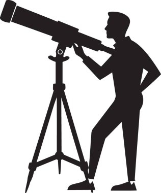 Teleskopla teleskoptan bakan bir kadının siyah ve beyaz vektör silueti astronomik gözlem, bilimsel araştırma ve vizyon araştırmasını temsil ediyor.