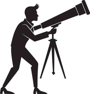 Teleskopla tripoda duran bir adamın siyah ve beyaz vektör silueti klasik bir duruşta vizyon, öngörü, gözlem ve stratejik piyasa analizini temsil ediyor.