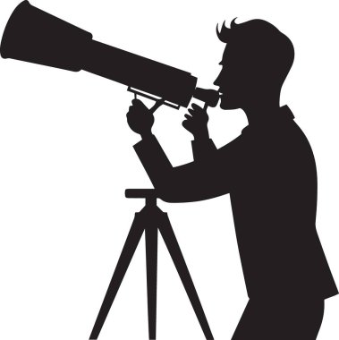 İş elbisesi giymiş, teleskopla pazar vizyonunu, stratejik öngörüyü ve yatırım analizini temsil eden bir adamın siyah vektör silueti.