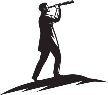 Tepede duran işadamının siyah vektör silueti teleskopla pazar genel bakış, stratejik vizyon ve yatırım öngörüsünü temsil eden bar tablosunu inceliyor.