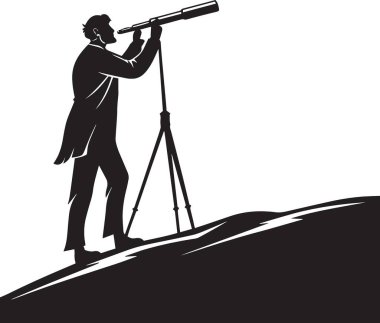 Tepedeki işadamının siyah vektör silueti teleskopla bakan bir şamdan şeması piyasa analizi, ticaret vizyonu ve yatırım stratejisini temsil ediyor.