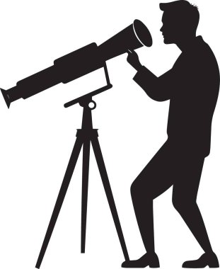 Kara vektör silueti teleskopla pazar keşiflerini, yatırım araştırmalarını ve stratejik iş gözlemlerini temsil eden üç ayaklı teleskopla bakan bir adam.