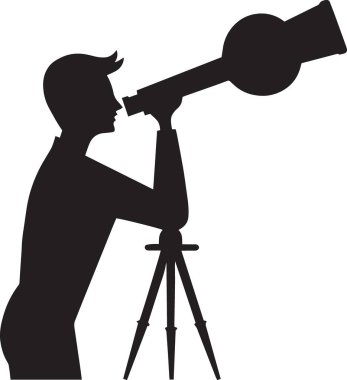 Piyasa keşfi, yatırım keşfi ve ileri görüşlü liderliği temsil eden yıldızlara büyük teleskoplarla bakan bir kadının kara vektör silueti.