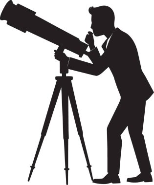 Teleskopla piyasa araştırması, yatırım gözlemi ve stratejik iş görünümünü temsil eden üç ayaklı teleskopla bakan iş adamının kara vektör silueti