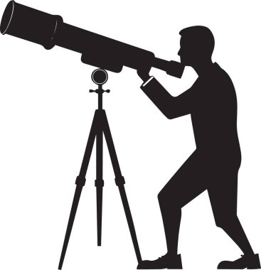 Ayakta duran ve tripoda monte edilmiş büyük bir teleskoptan bakan bir iş adamının siyah ve beyaz vektör silüeti iş görüşünü ve pazar analizini temsil ediyor.