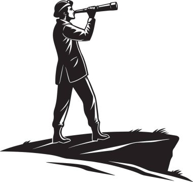 Tepede duran bir adamın siyah ve beyaz vektör silueti teleskoptan uzaklığa bakıyor, görüşü, keşfi ve ileri görüşlülüğü temsil ediyor.