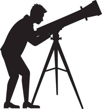 Genç bir çocuğun siyah ve beyaz vektör silueti ya da teleskopla tripoda bakan bir adam merakı, keşfi ve gençlik vizyonunu temsil ediyor.