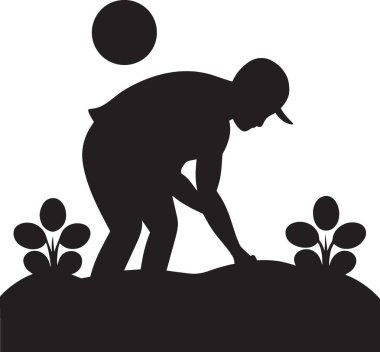 Bir anne ve kızın siyah ve beyaz vektör silueti. Çiçekler ve bitkilerle bahçecilik yapıyor. Aile bağlarını, yetiştirmeyi ve birlikte büyümeyi temsil ediyor.