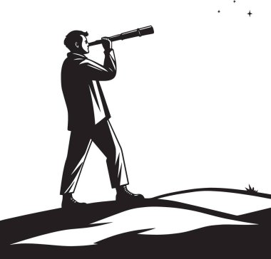 Teleskoptan bakan bir adamın siyah ve beyaz vektör silueti ileri görüşlülüğü, liderlik bakış açısını ve stratejik bakış açısını temsil ediyor.