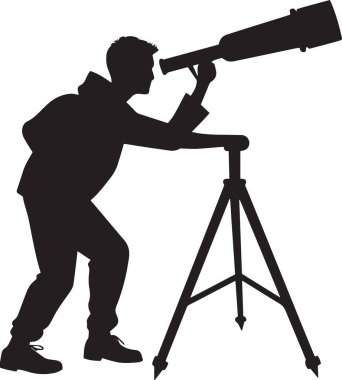 Detaylı gözlem için tripoda monte edilmiş teleskoptan bakmak için eğilen bir adamın siyah ve beyaz vektör silueti.