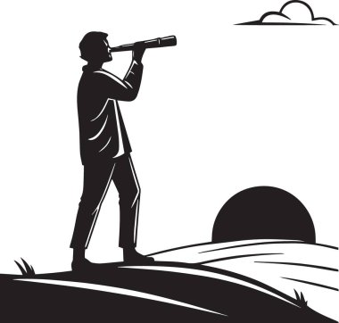 Siyah ve beyaz vektör silueti, tepenin üstünde duran bir adamın teleskoptan gün batımına ve arka planda bulutlara baktığını gösteriyor.