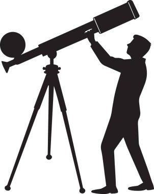 Gökyüzü gözlemi için büyük bir teleskopla tripoda bakan bir kişinin siyah ve beyaz vektör silueti