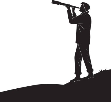 Bir çift siyah-beyaz vektör silueti. Bir tepenin üstündeki gece gökyüzüne teleskopla bakıyorlar.