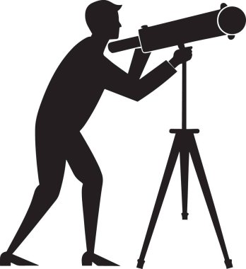Teleskopun yanında duran bir adamın siyah ve beyaz vektör silueti. Bir eli selametle havada bir tripodun üzerinde.