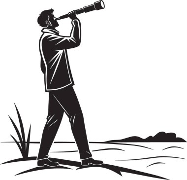 Otların üzerinde dikilirken teleskoptan bakan bir adamın siyah ve beyaz vektör silueti, doğa gözlemlerini, vizyoner bakış açısını ve stratejik öngörüyü temsil ediyor.