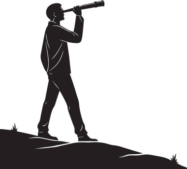 Tepenin tepesinde duran bir iş adamının siyah-beyaz silueti teleskoptan bakıyor iş görüşünü, öngörüyü ve stratejik planlamayı temsil ediyor.