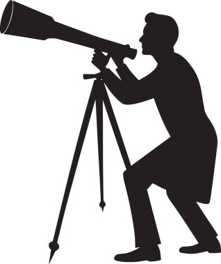 Bir teleskoptan bakan bir adamın siyah ve beyaz vektör silueti. Gözlem, gözlem ve kesin ölçümleri temsil eden bir tripoda monte edilmiş.