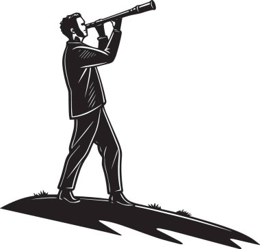 Siyah siluet vektör çizimi, çimli bir tepenin üzerinde duran teleskopla bakan, görüşü, keşfi temsil eden ve fırsatları arayan bir adamın resmi.