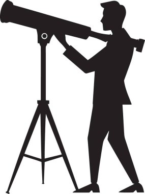 Teleskopla teleskoptan bakan bir adamın siyah ve beyaz vektör silueti iş ve liderlikte vizyon, keşif ve stratejik öngörüyü temsil ediyor.