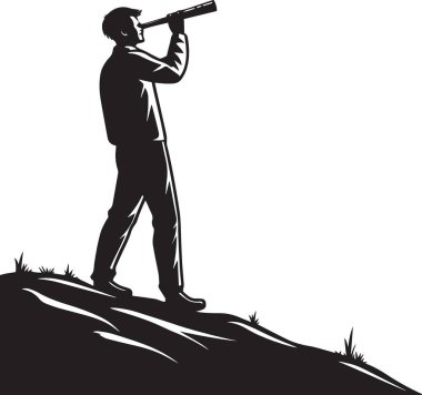 Tepenin tepesinde duran bir adamın silüeti, el teleskopuyla bakan, vizyonu, liderliği ve öngörüyü temsil eden bir adamın silüeti.