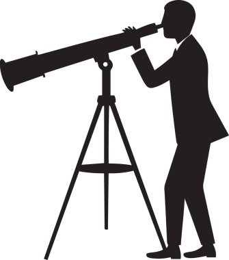 Astronomi, bilim ve göksel gözlemleri temsil eden, teleskopla teleskoptan bakan bir kadının siyah ve beyaz vektör silueti.