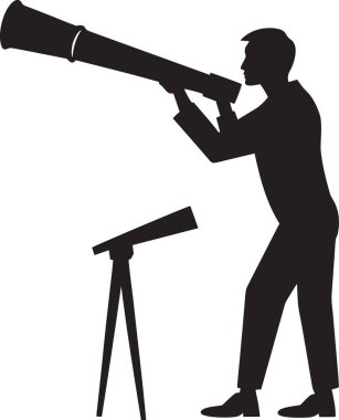 Üç ayaklı bir teleskopa monte edilmiş, arama, keşif ve astronomik gözlemi temsil eden bir adamın siyah ve beyaz vektör silueti.
