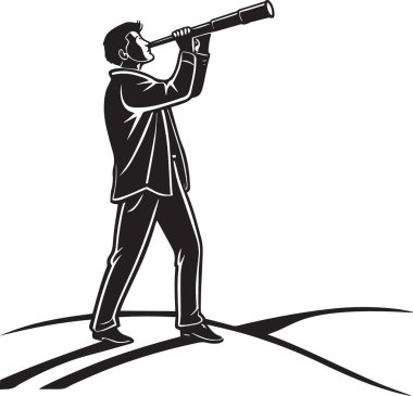Uçurumun kenarında duran, dürbünlü teleskopla bakan, vizyonu, liderliği ve stratejik bakış açısını temsil eden bir adamın siyah ve beyaz vektör silueti.
