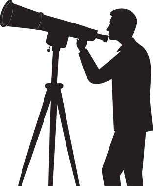 Astronomi, bilim ve keşif temaları için ideal olan üç ayaklı bir teleskopla gözlem yapan bir adamın siyah siluet vektörü.