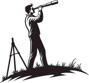 Çimlerin üzerinde durup teleskopla tripoda bakan bir adamın siyah siluet vektörü astronomi, gözlem ve bilim tasarımları için uygundur.