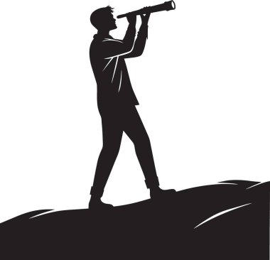 Yüksekte duran bir adamın siyah siluet vektörü teleskoptan maceralı pozlara bakıyor, keşif ve keşif temaları için ideal.