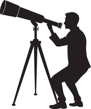 Astronomi, yıldız gözlemleme ve uzay keşifleri için ideal olan üç ayaklı teleskopla bakan bir adamın siyah siluet vektörü.