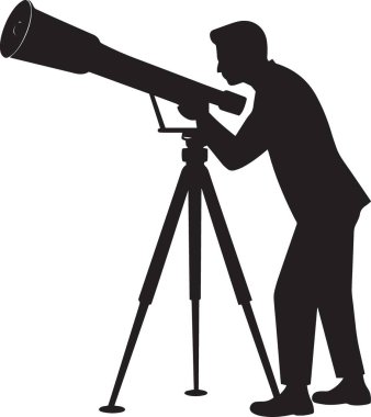 Siyah siluet, teleskopla tripoda bakan bir adam. Keşif ve keşfi simgeliyor.