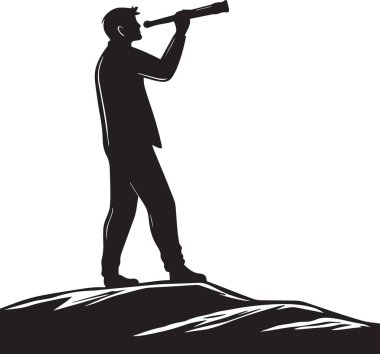 Siyah siluet, teleskopla bakan bir kayanın üzerinde duran bir adam, görüşü, keşfi ve liderliği sembolize ediyor.