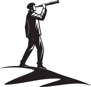 Elinde teleskopla ayakta duran ve ona bakan bir adamın siyah silüeti vizyon ve fırsat arayışını temsil ediyor.