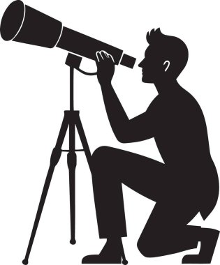 Diz çöküp teleskopla astronomi ve yıldızları izleyen bir adamın siyah silüeti.