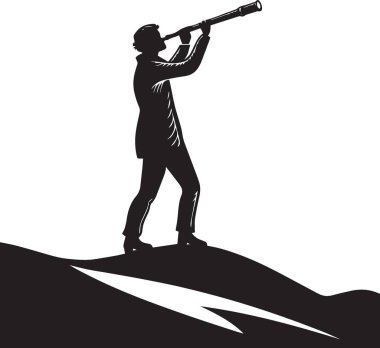 Tepenin tepesinde duran bir adamın el teleskopuyla baktığı siyah beyaz vektör silueti görüş ve keşfi temsil ediyor.