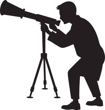 Astronomi gözlemi için tripoda monte edilmiş büyük bir teleskoptan bakan bir adamın siyah ve beyaz vektör silueti.