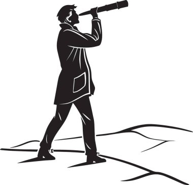 Arazide duran bir adamın siyah ve beyaz vektör silueti teleskopla keşif ve keşfi temsil ediyor.