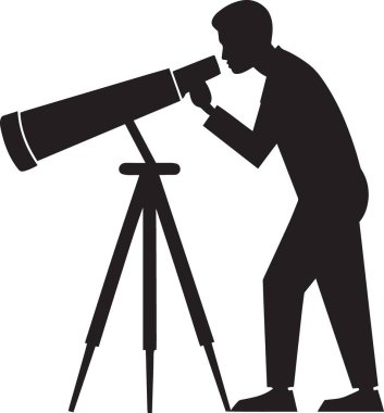 Astronomik gözlem için büyük bir teleskop kullanan bir adamın siyah ve beyaz vektör silueti.