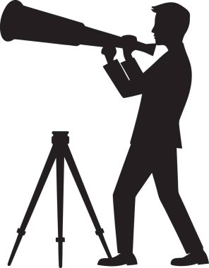 Gözlem, görüş ve iş görüşünü temsil eden ve teleskopla ayakta duran bir adamın siyah siluet vektörü.